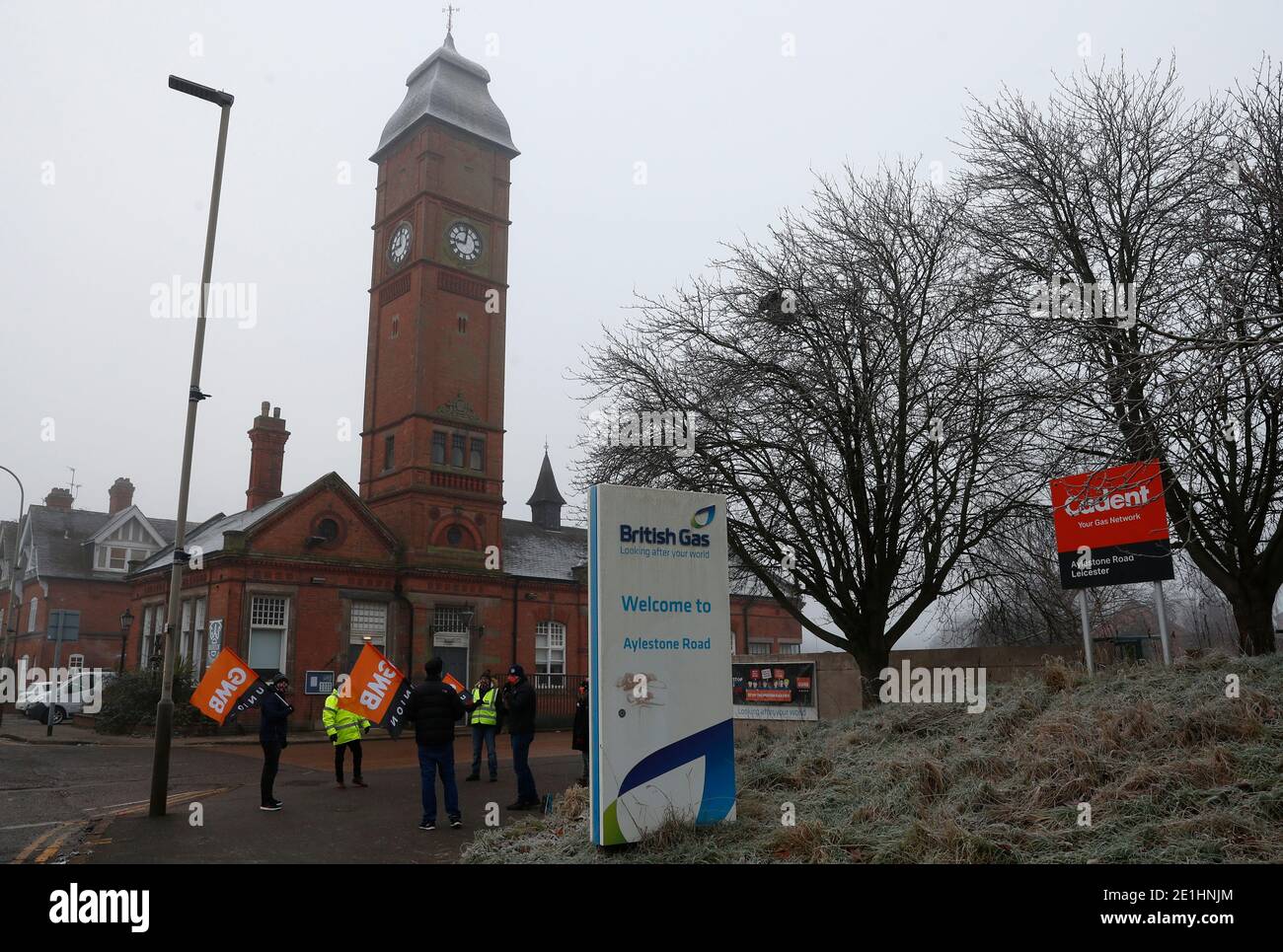Leicester, Leicestershire, UK. 7th January 2021. A British Gas workers stand on a picket line at the entrance to the Leicester gas works and museum at the start of a five day strike over new contracts. Credit Darren Staples/Alamy Live News. Stock Photo