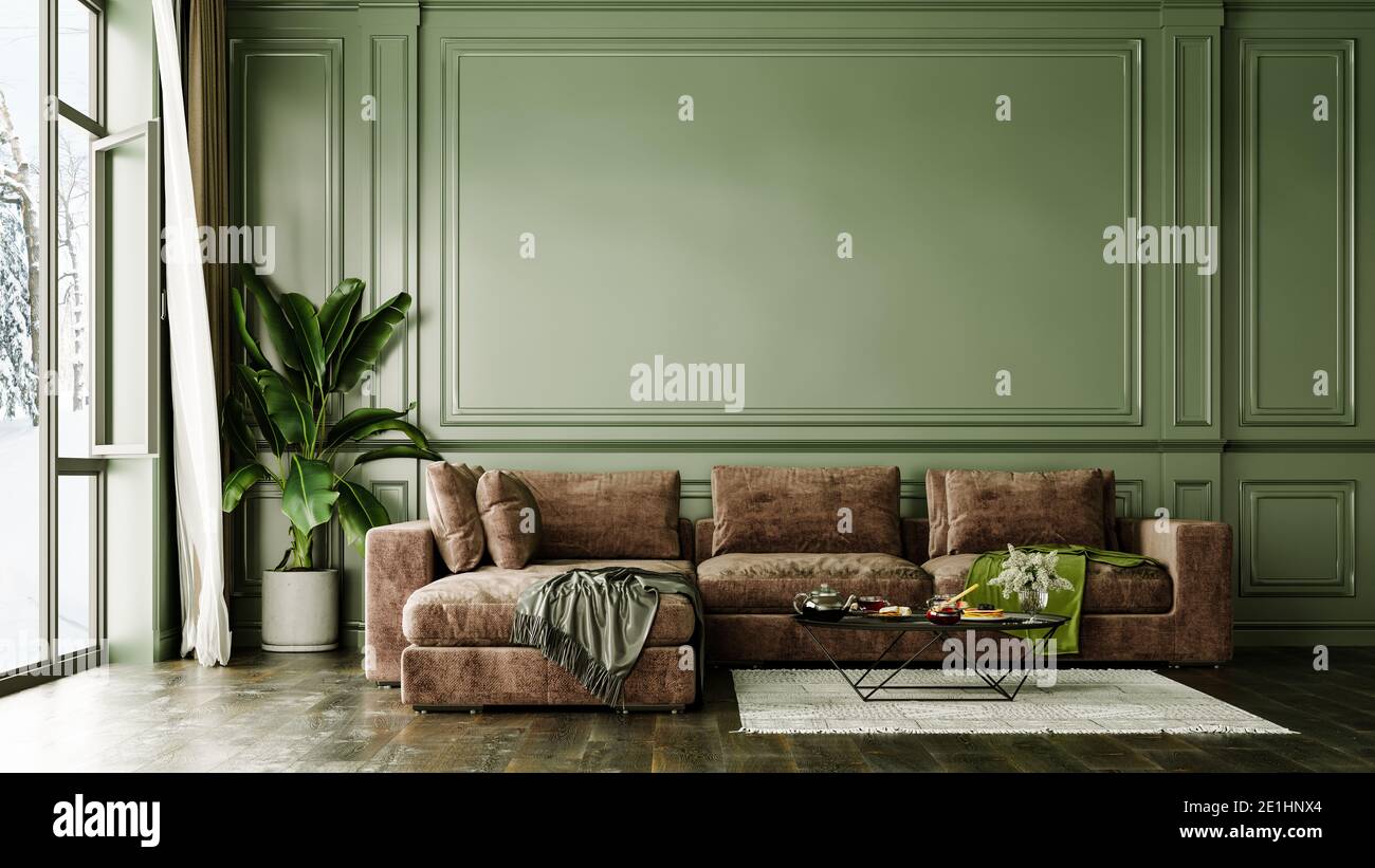 Modern interior design for home, office, interior details, upholstered furniture against the background of an olive classic wall. Pleasant light Stock Photo