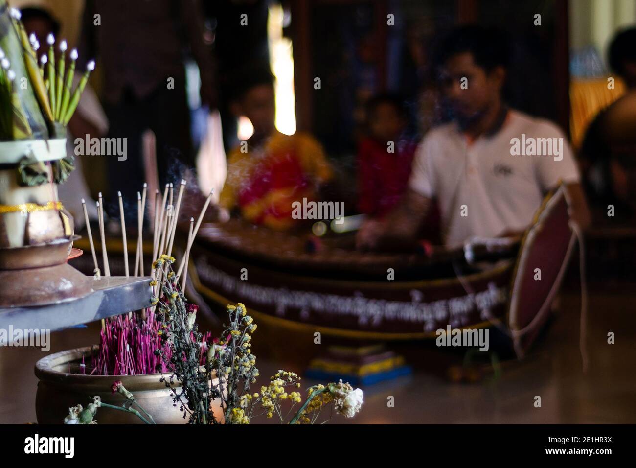 interior shrine detail at buddhist religious ceremony in UNESCO heritage Lakhon Khol site Wat Svay Andet temple in Kandal Province Cambodia Stock Photo