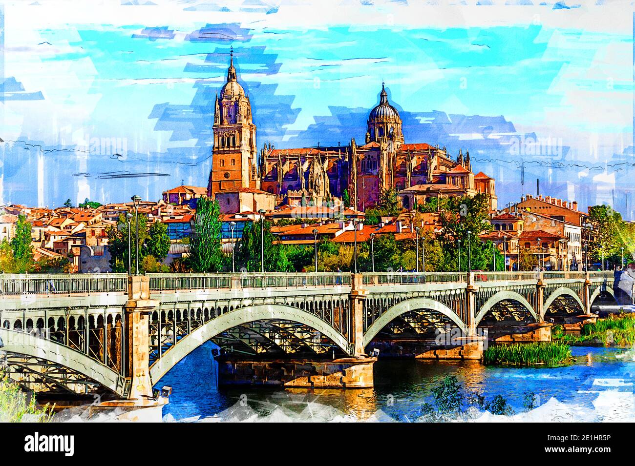 Salamanca Cathedral and Estevan bridge over Tormes river. Salamanca / Castile and Leon, Spain  Color sketch illustration. Stock Photo
