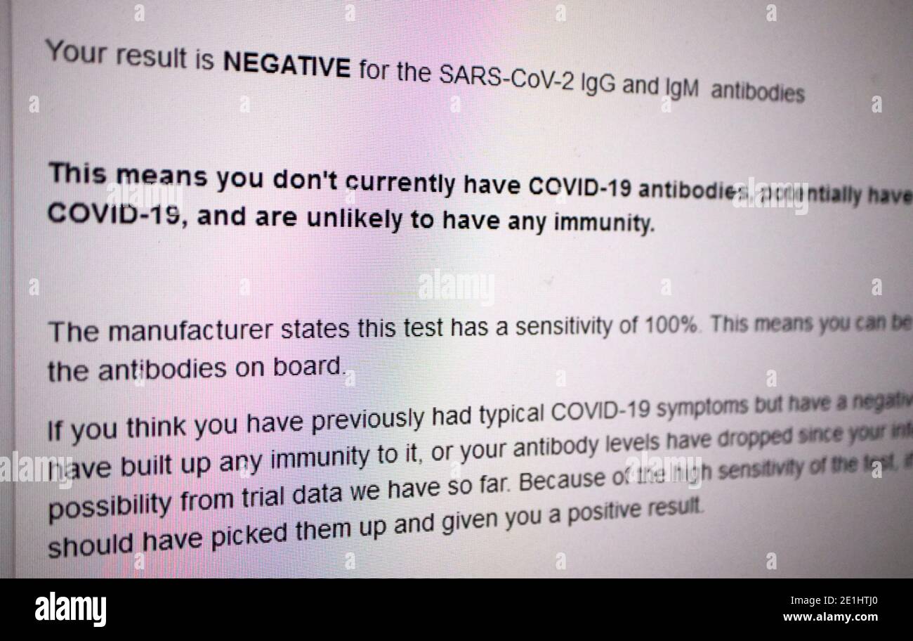 on screen message giving a negative result of a covid19 antibody blood