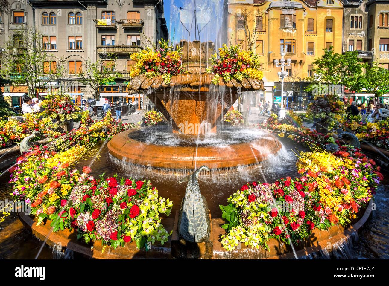 Victoria square and his main fountain decorated with flowers, Timisoara, Timis County, Romania. Photo taken on 21st of April 2019. Stock Photo