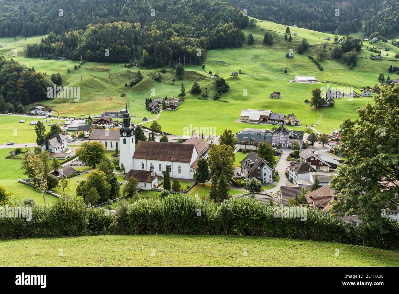 View of the village of Wildhaus-Alt Sankt Johann, Toggenburg, Canton of St. Gallen, Switzerland Stock Photo