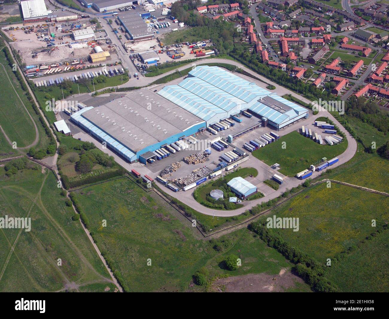 aerial view of a large factory on Worsley Trading Estate, at the end of Lester Road, Little Hulton, Bolton Stock Photo
