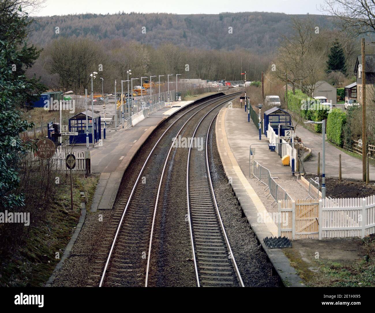 Grindleford, UK - February 2020: The structures of Grindleford railway station on Hope Valley Line. Stock Photo