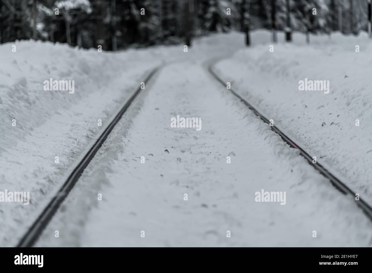 Railroad tracks covered in snow in the middle of winter Stock Photo Alamy