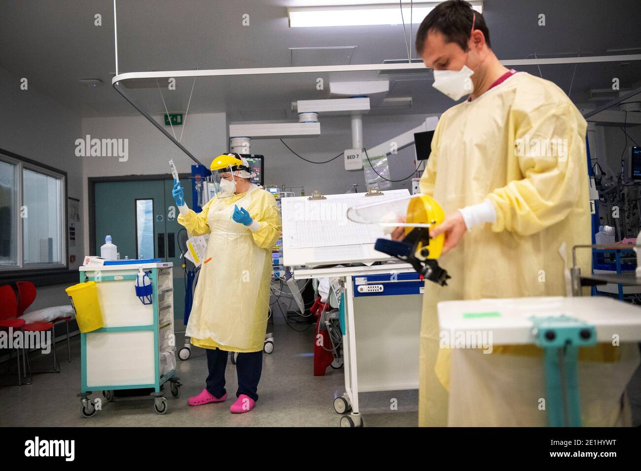 Nurses work in the ICU (Intensive Care Unit) in St Hospital in Tooting, southwest