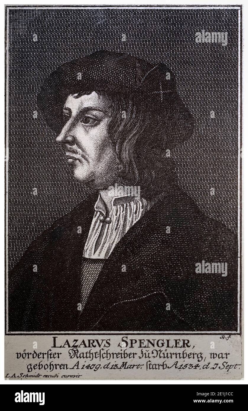 Lazarus Spengler (1479-1534), supporter of Martin Luther, leader of the Protestant Reformation in Nuremberg, hymnwriter, portrait print by JA Schmidt, circa 1700 Stock Photo
