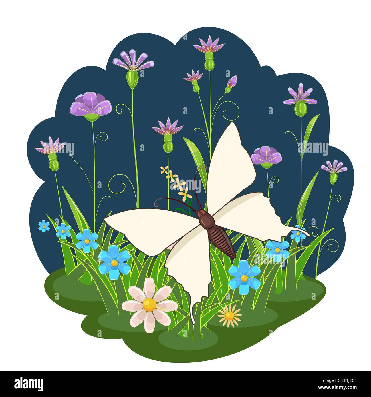White butterfly on the background of a night landscape. Flowers, grass  meadow. Cartoon style. Bright beautiful composition. Isolated object on  white Stock Photo - Alamy
