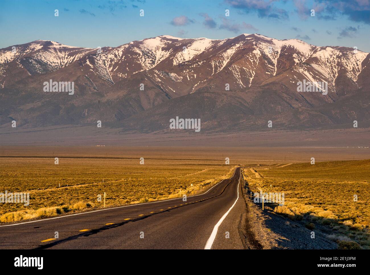 Toiyabe Mountains, view at sunrise from Hickison Summit on The Loneliest Road (Hwy 50), Great Basin Desert, near Austin, Nevada, USA Stock Photo