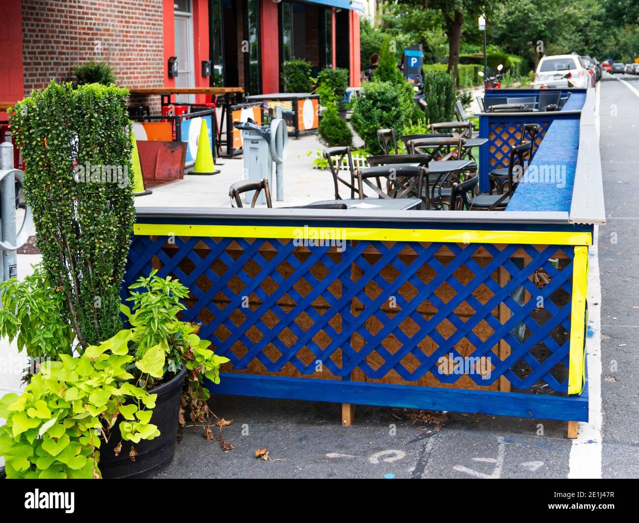 Astoria, New York, USA 30 July 2020 A restaurant blocks off part of