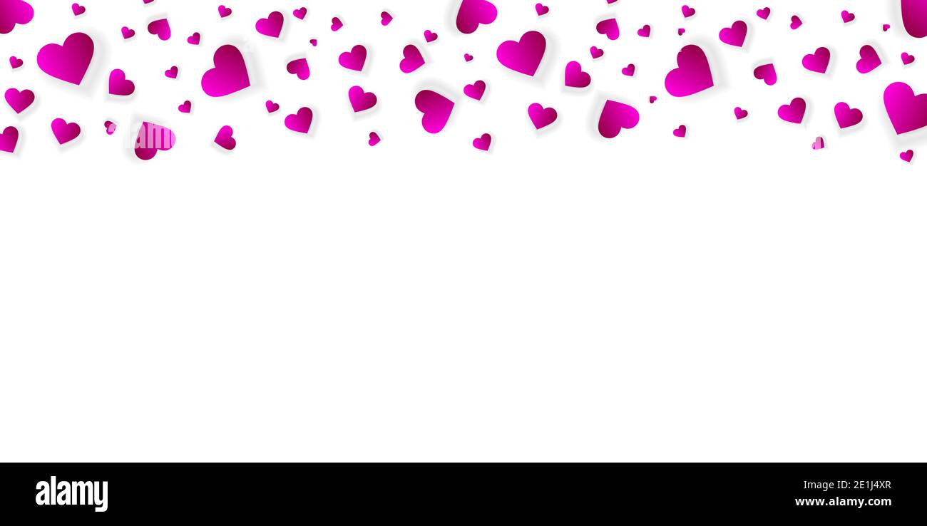 Heart frame Valentines day  border, love banner template with falling pink scatter confetti petals. Horizontal upper bordering for wedding invitation Stock Photo