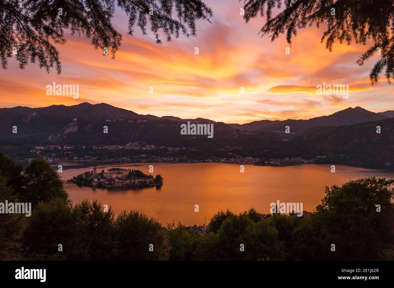 Lake Orta with sunset Stock Photo