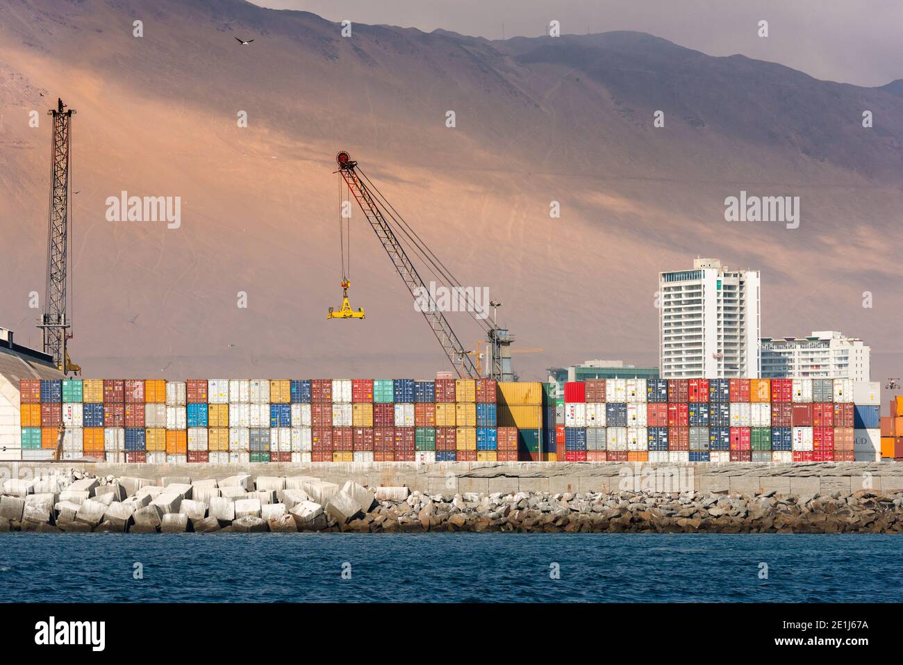 Iquique, Regio de Tarapaca; Chile - View of container stack at the port of Iquique in northern Chile. Stock Photo