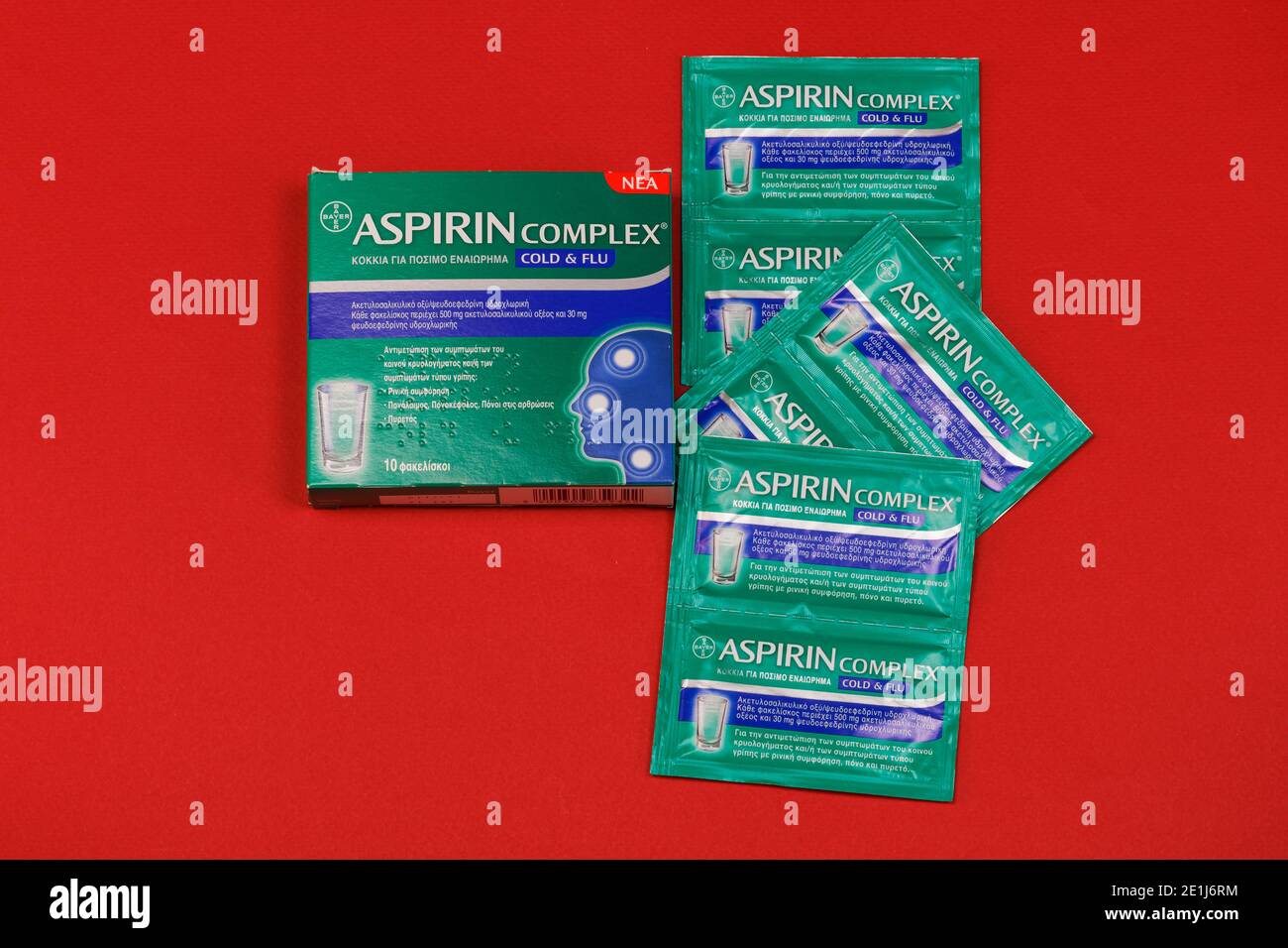 Aspirin Complex Cold & Flu display. Top view of Bayer medicine package