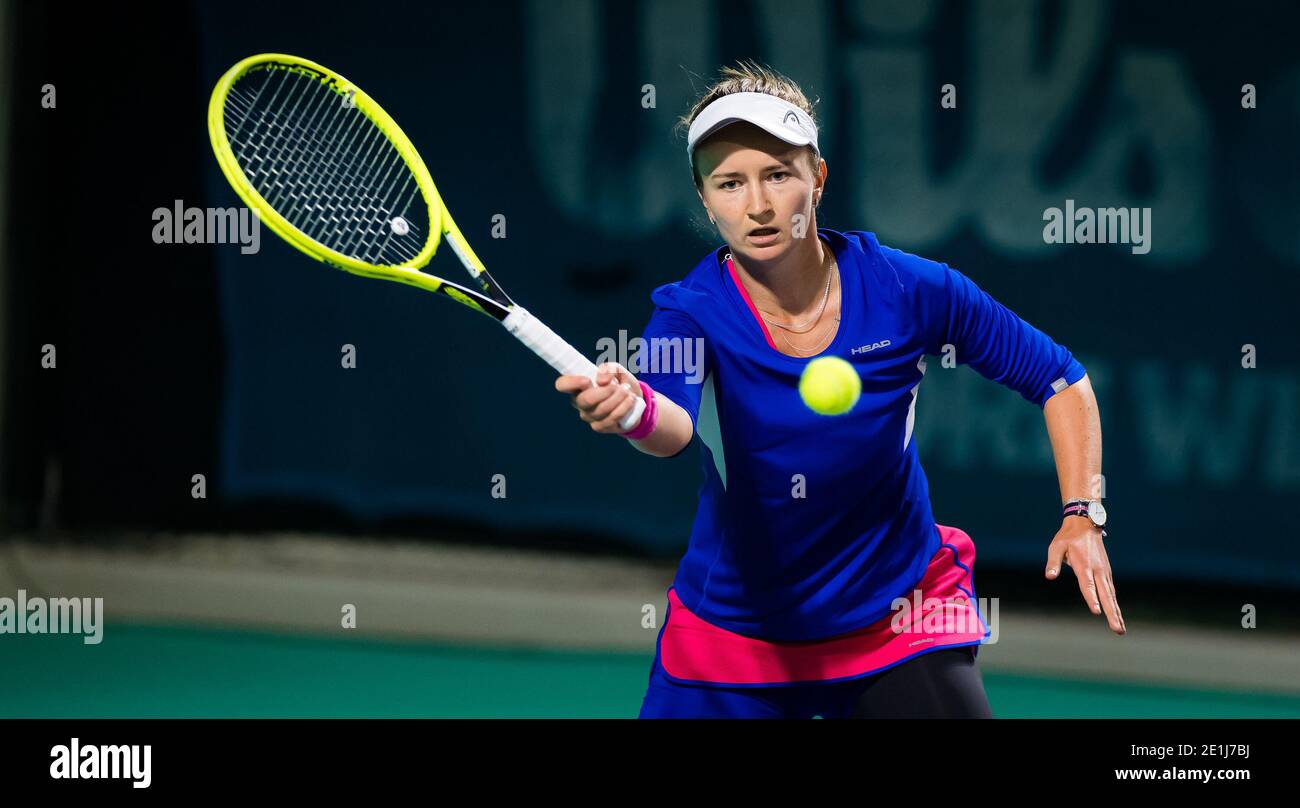 Abu Dhabi, UAE. 6th Jan 2021. Barbora Krejcikova of the Czech Republic in action against Jamie Loeb of the United States during the first round of the 2021 Abu Dhabi WTA Women's Tennis Open WTA 500 tournament on January 6, 2021 in Abu Dhabi, United Arab Emirates - Photo Rob Prange / Spain DPPI / DPPI / LM Credit: Paola Benini/Alamy Live News Stock Photo