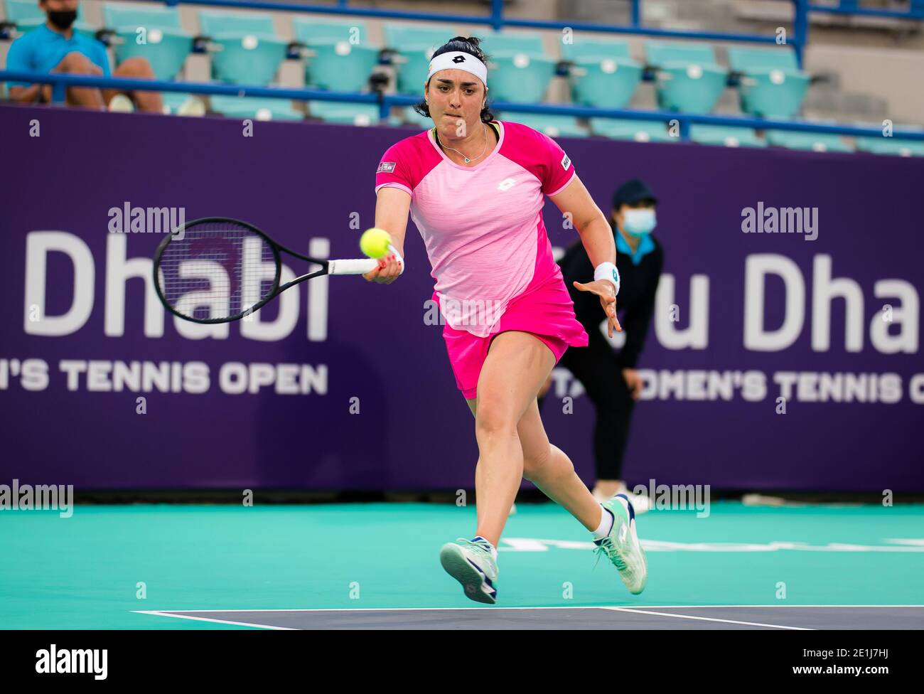 Ons Jabeur of Tunisia in action against Anastasia Pavlyuchenkova of Russia during the first round of the 2021 Abu Dhabi WTA Women& / LM Stock Photo