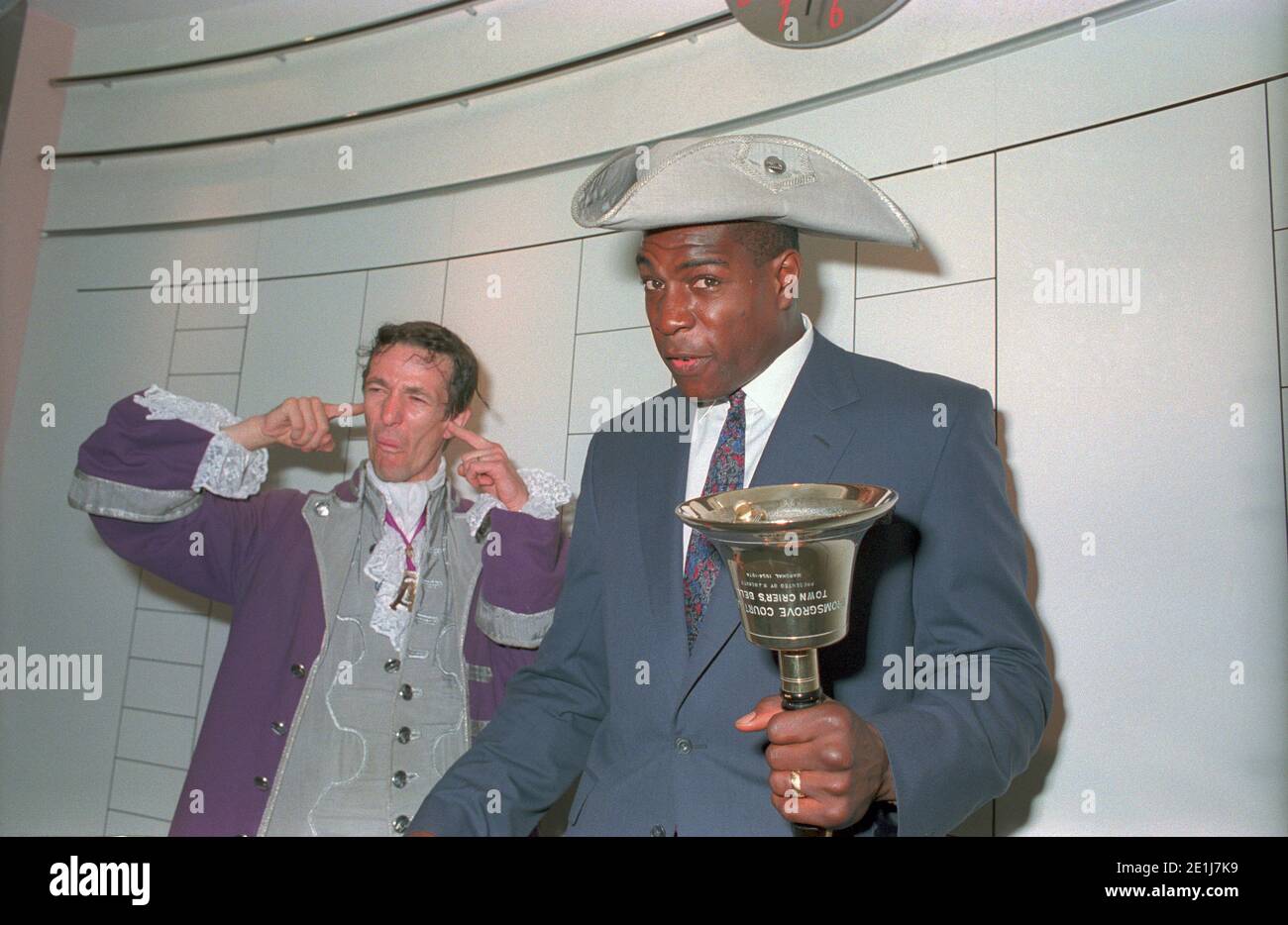 Frank Bruno opens a new Ladbrokes in Birmingham city centre in July 1990 as he takes over the part from the Town Cryer Stock Photo