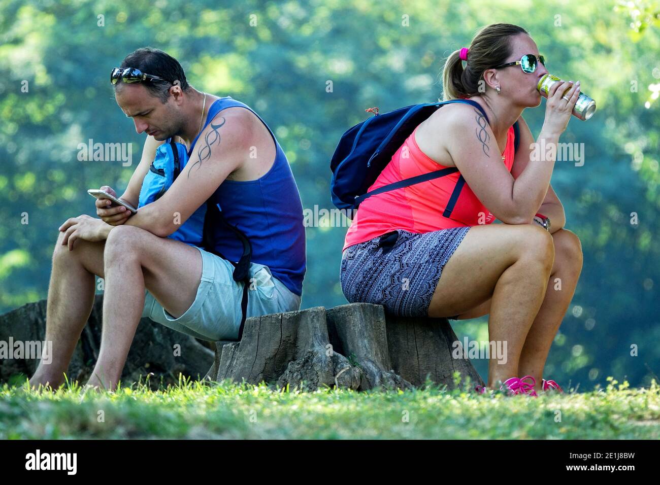 Couple vacation trip to nature A man and a woman sitting on a stump back to back Dont Talk Speak Communication, Crisis People Middle-Aged Stock Photo