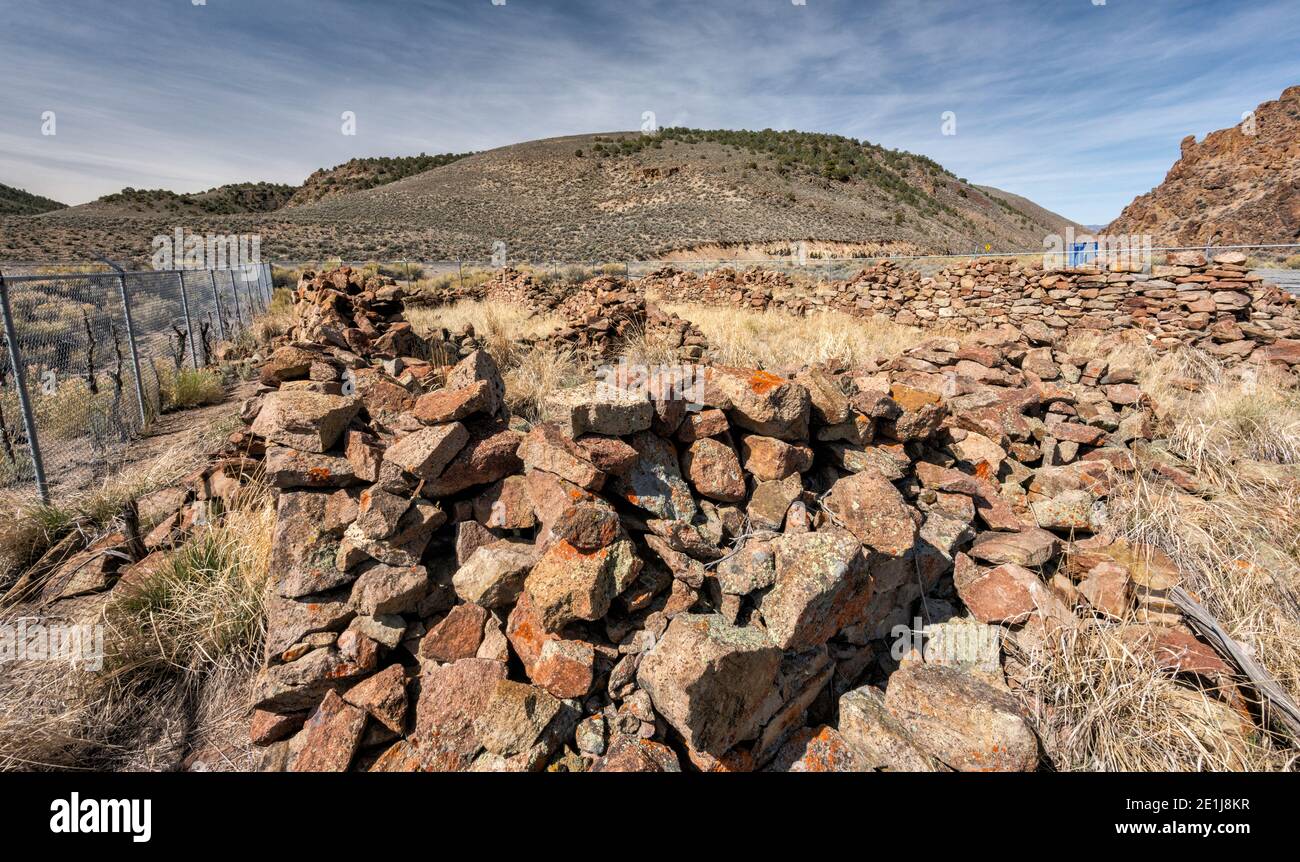 Ruins of New Pass Overland Stage Station, 1861 by Butterfield Overland Mail & Stage Company, The Loneliest Road (Hwy 50), west of Austin, Nevada, USA Stock Photo
