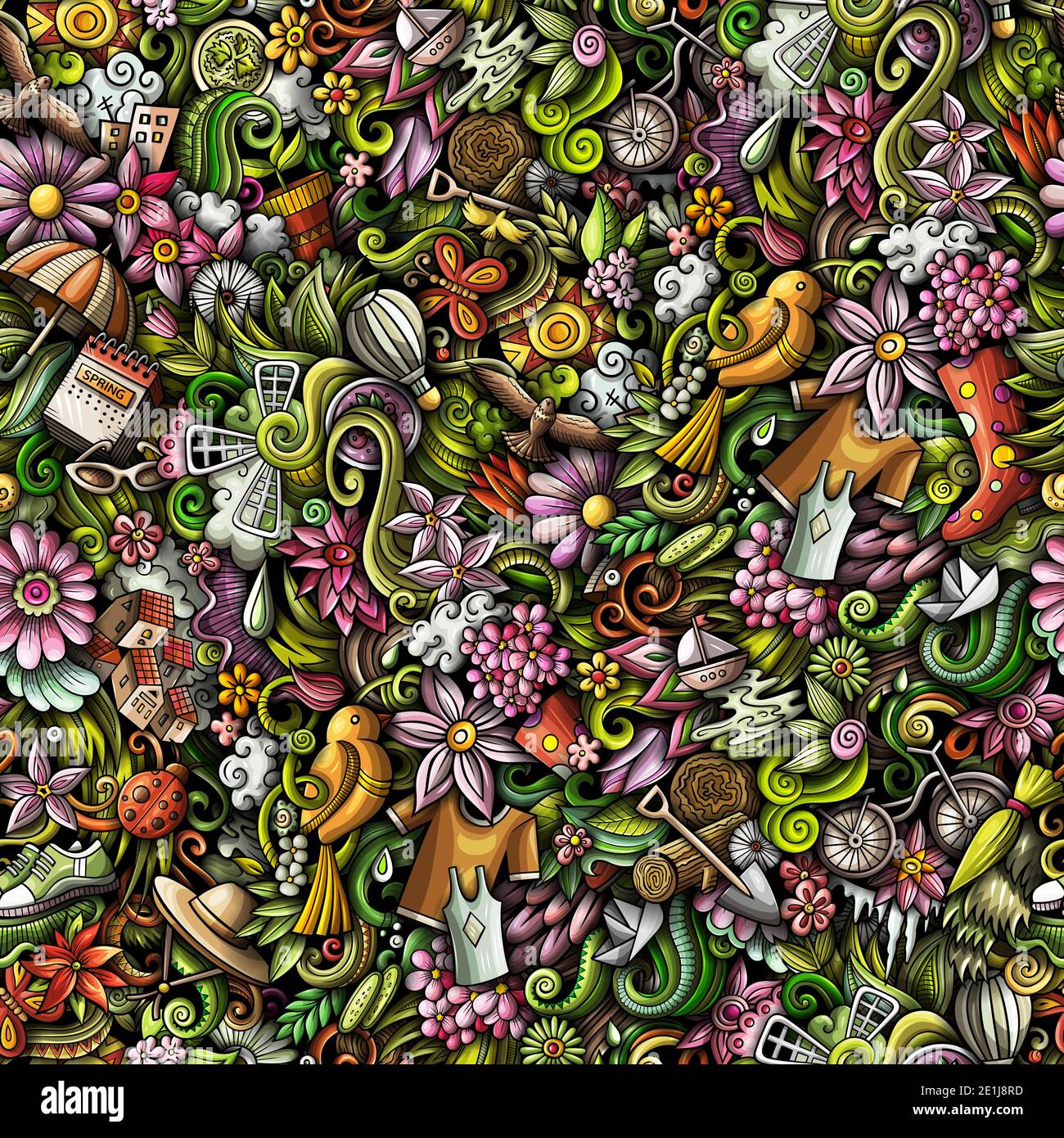 Cartoon cute doodles hand drawn Spring seamless pattern Stock Photo - Alamy