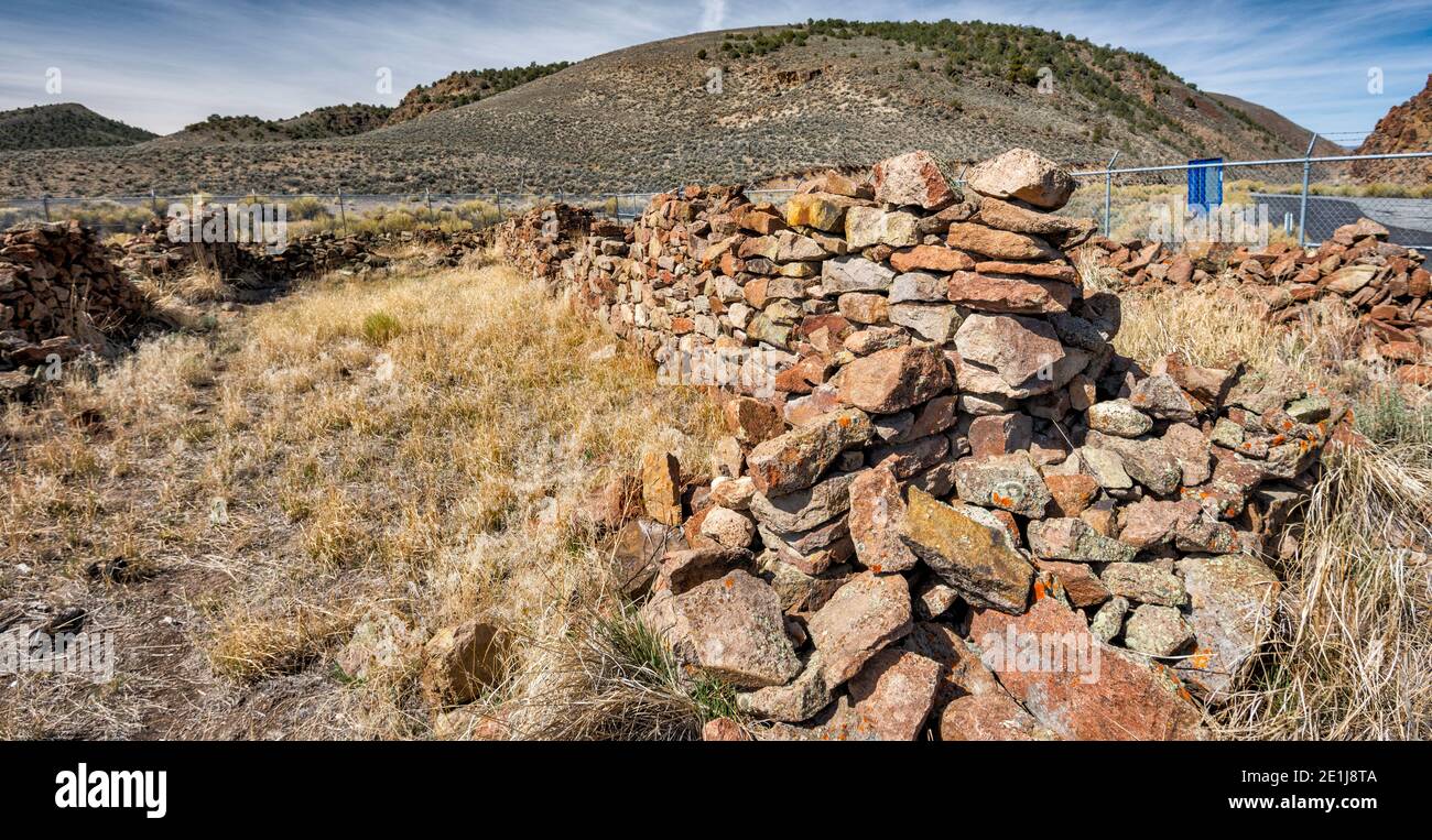 Ruins of New Pass Overland Stage Station, 1861 by Butterfield Overland Mail & Stage Company, The Loneliest Road (Hwy 50), west of Austin, Nevada, USA Stock Photo