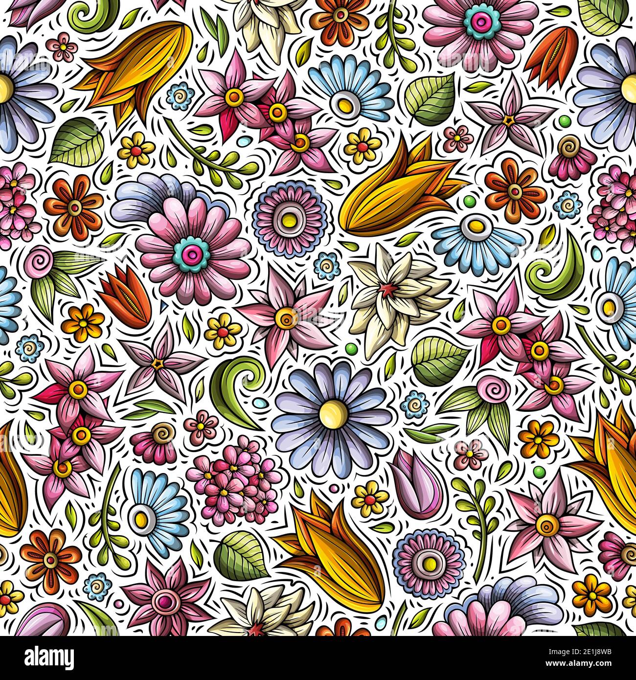 Cartoon cute hand drawn Spring seamless pattern Stock Photo - Alamy