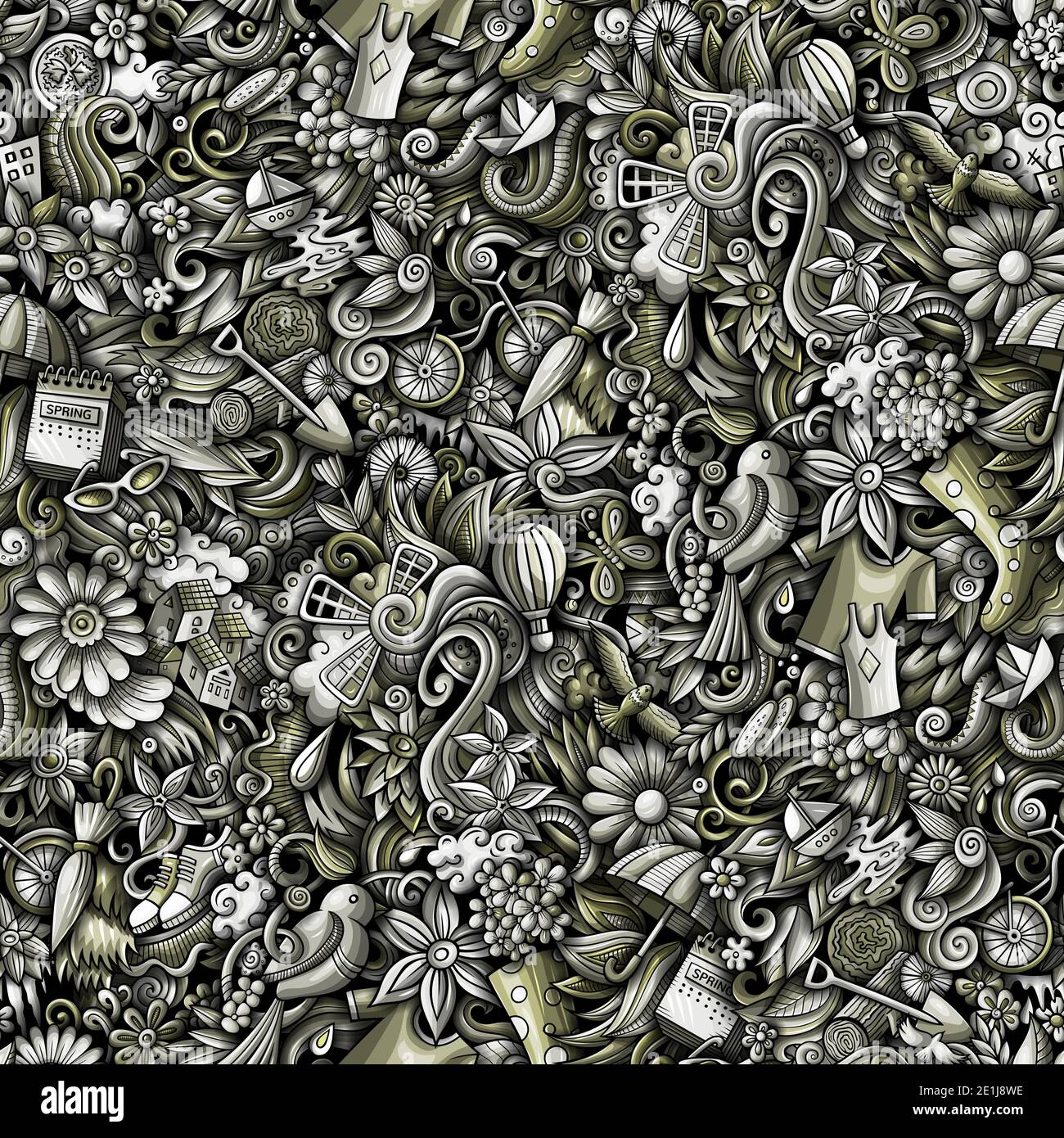 Cartoon cute doodles hand drawn Spring seamless pattern Stock Photo - Alamy