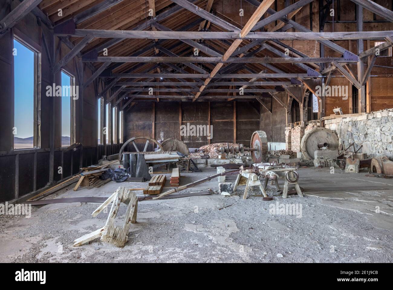 Interior of Mill building, Silver Mine, Berlin ghost town, Berlin-Ichthyosaur State Park, Nevada, USA Stock Photo