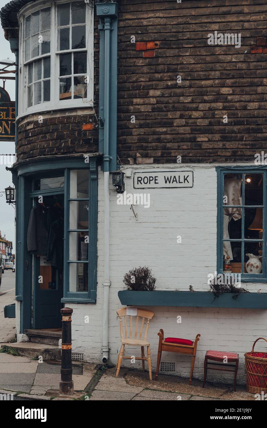 Rye, UK - October 10, 2020: Second hand items on sale outside The Runcible Spoon on Rope walk in Rye, one of the best-preserved medieval towns in East Stock Photo