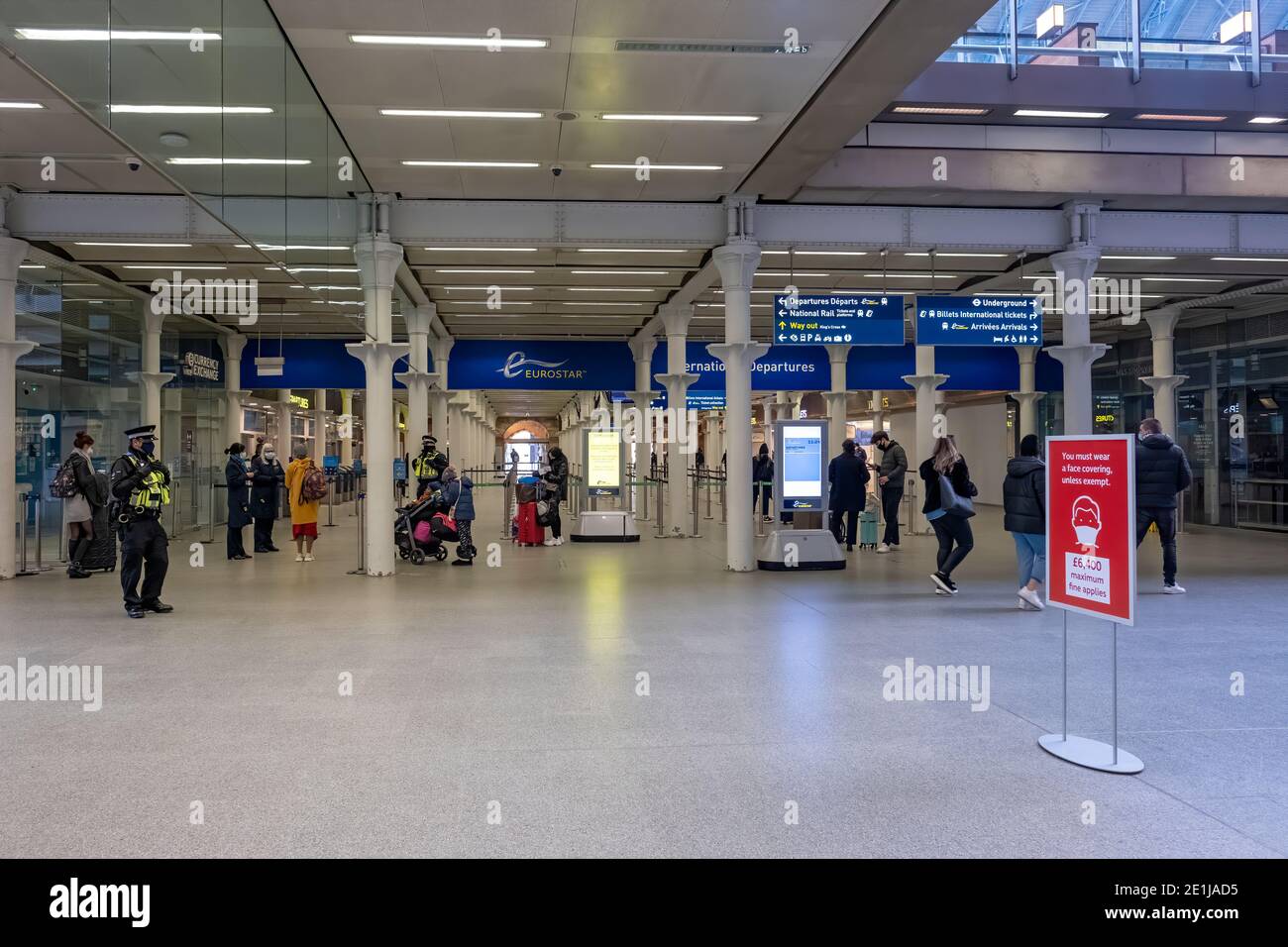 Lockdown London January 2021: the almost deserted check in desks of the Eurostar service at St Pancras International station as a result of the virus Stock Photo