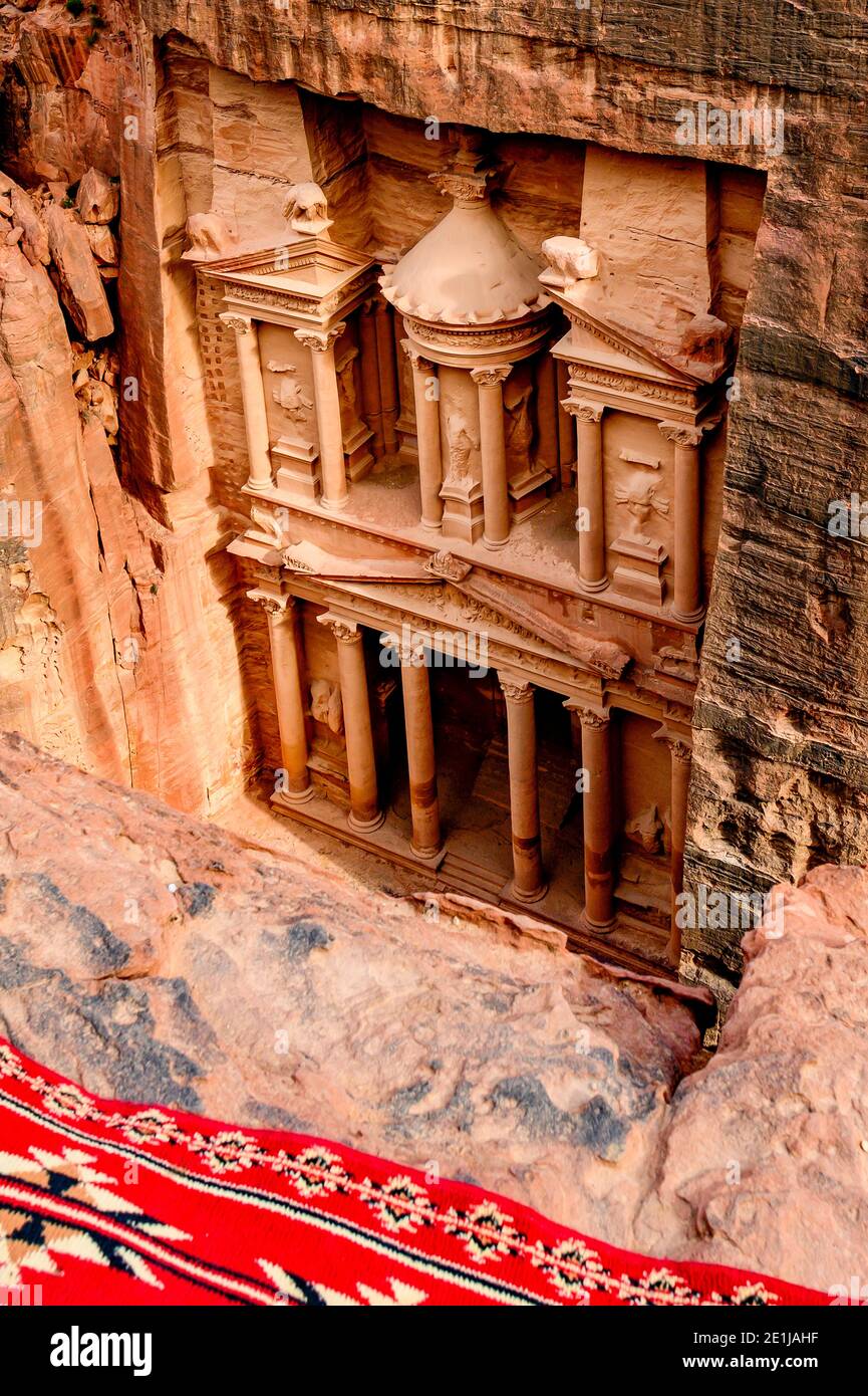 (Selective focus) View from above, Stunning view of Al Khazneh (The Treasury) in Petra during a sunny day. Stock Photo
