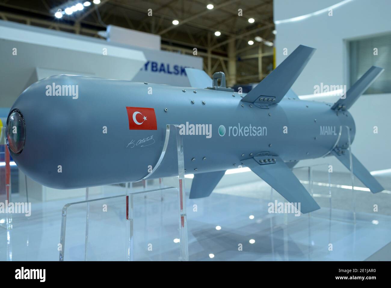 Tactical air-to-ground missiles designed for military unmanned aerial vehicles placed on a stand, made in Turkey. October 08, 2019. Kiev, Ukraine Stock Photo