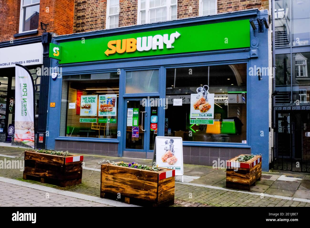 Leatherhead Surrey, London UK January 07 2021, Subway Retail Chain Shop Front Open For Takeaway Food During Covid-19 Lockdown Stock Photo