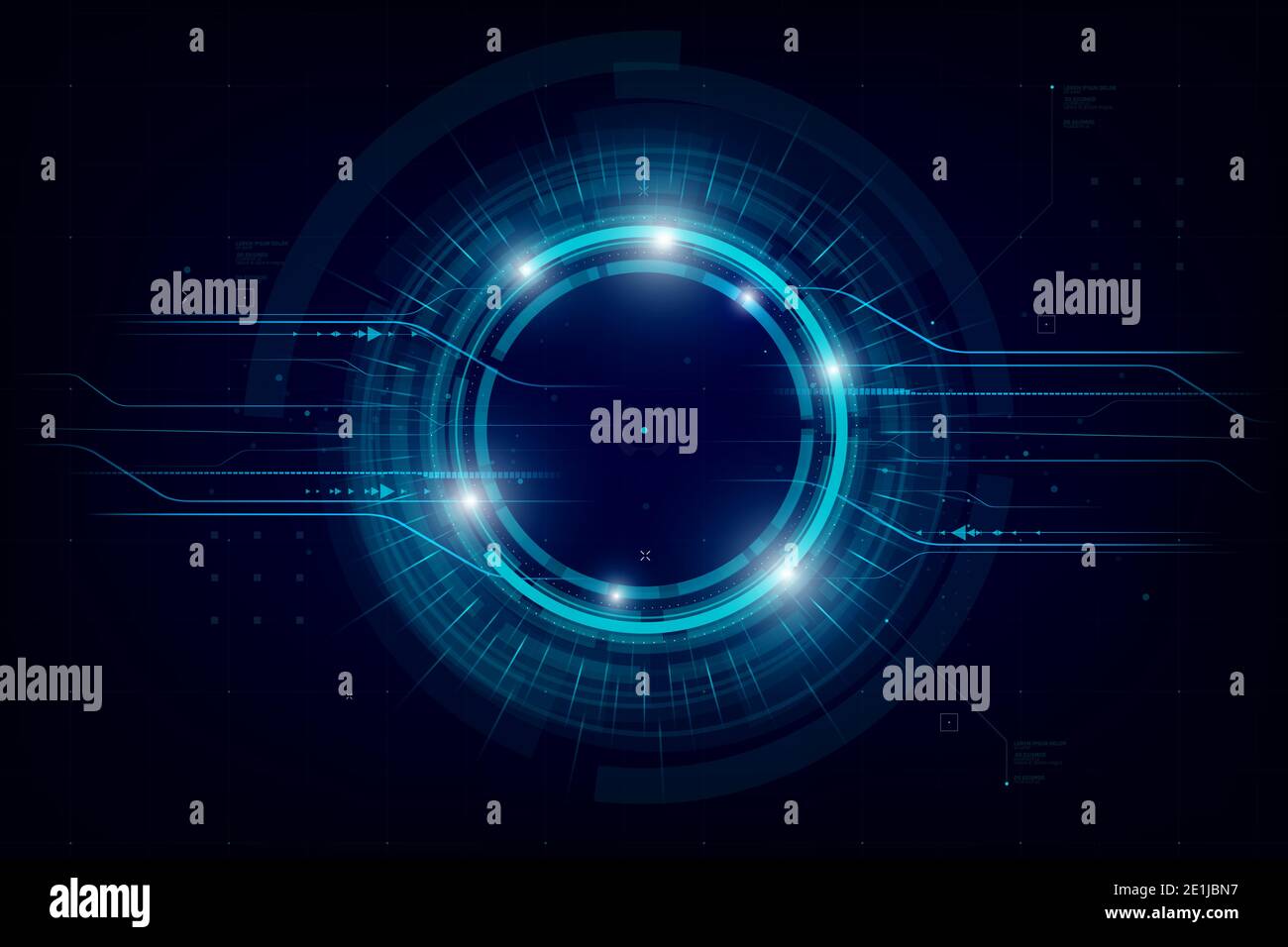 Futuristic and technology dark blue background, Circle HUD head-up display interface for communication and innovation cyber concept, with line arrow g Stock Photo
