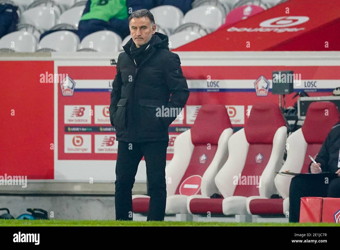 LILLE, FRANCE - JANUARY 6: Christophe Galtier of Lille OSC during the Ligue 1 match between Lille OSC and Angers SCO at Stade Pierre Mauroy on January Stock Photo