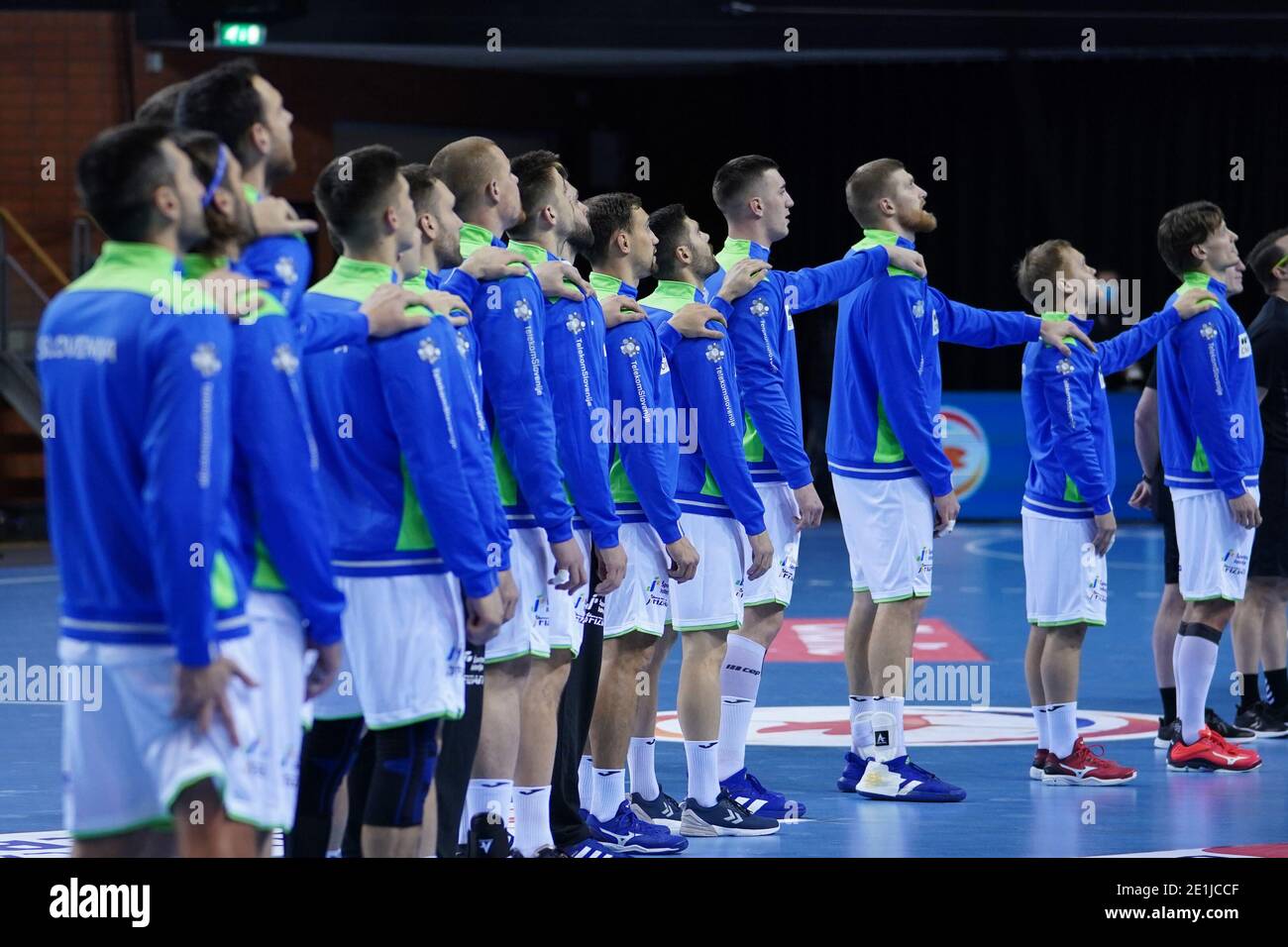 ALMERE, NETHERLANDS - JANUARY 6: Slovenie tijdens het volkslied during the European Championships Qualification match between Netherlands and Slovenia Stock Photo