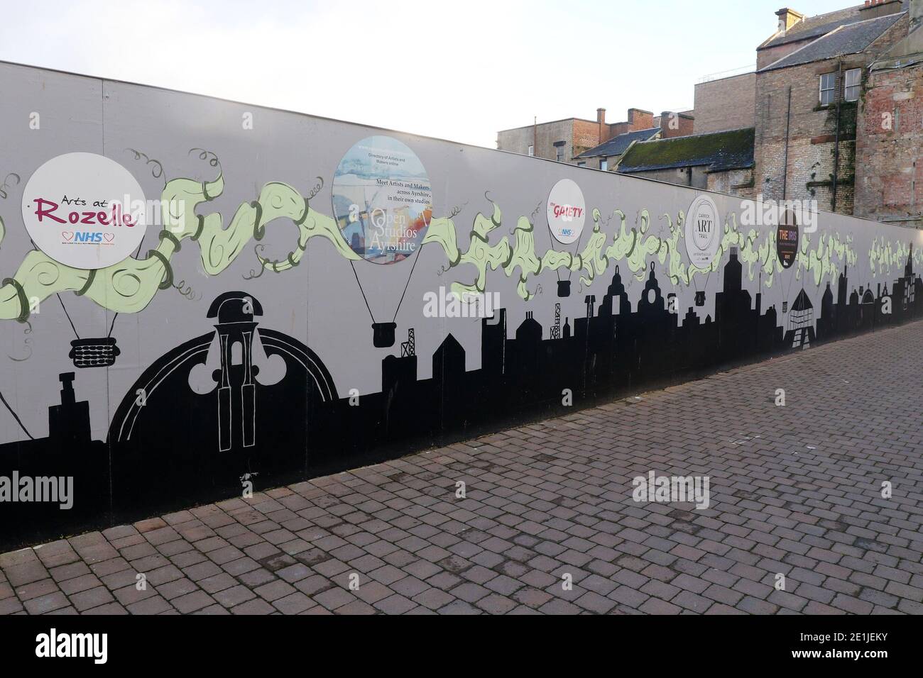 Ayr, Ayrshire, Scotland, UK. High St Painted mural on fence at gap site