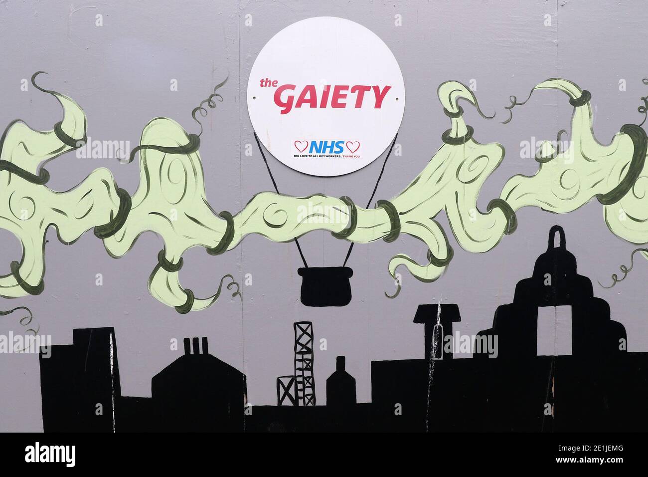 Ayr, Ayrshire, Scotland, UK. High St Painted mural on fence at gap site