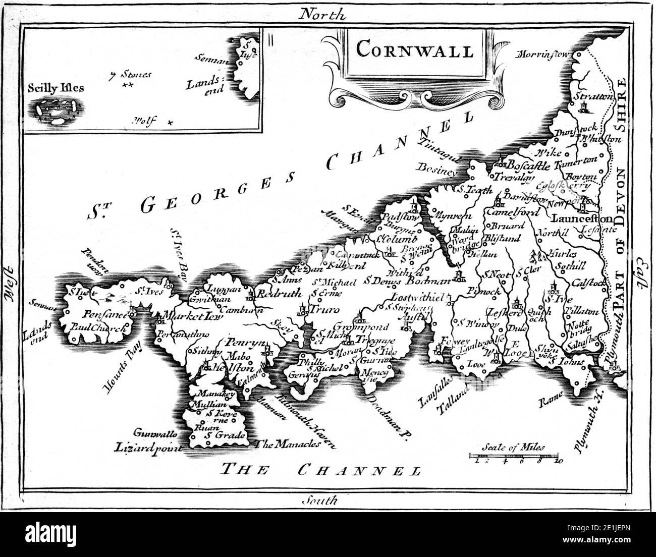 An map of Cornwall scanned at high resolution from a book published in the 1780s. This image is believed to be free of all copyright restrictions. Stock Photo