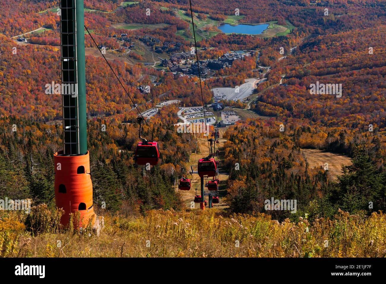 Cable car view. Fall colour seen from above, with telephoto lens, on Stowe Mountains in Vermont