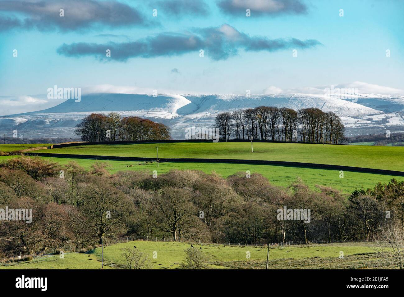 Snow on Pendle Hill, Clitheroe, Lancashire. Stock Photo