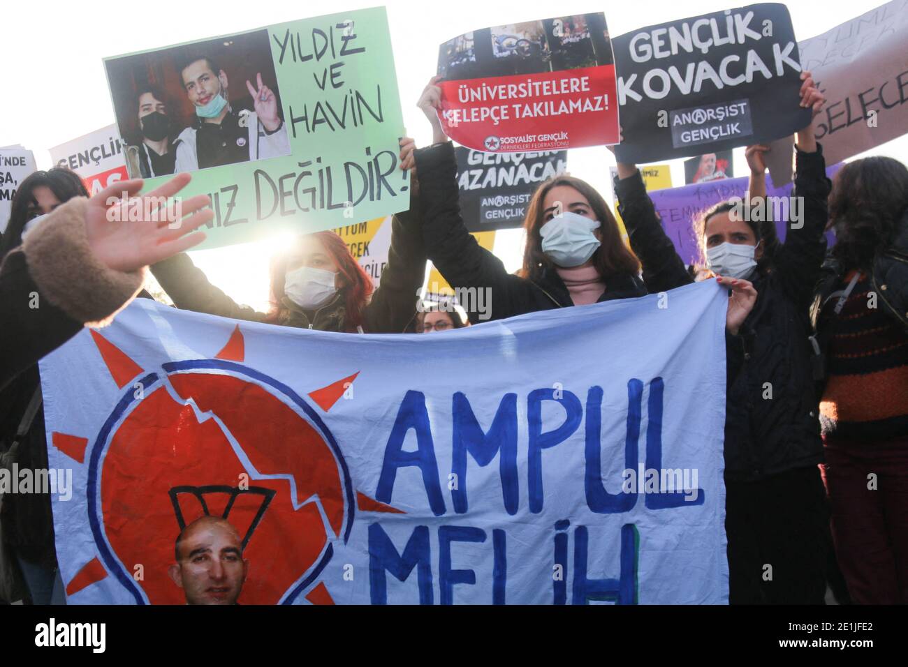 Students during the demonstration against Melih Bulu in Istanbul, Turkey on January 7, 2021.Melih Bulu has been directly appointed to Bogazici University as the rector. The students gathered at Kadikoy Square to protest against his appointment. The students also demanded that Melih Bulu resigns and should be replaced by an election. Photo by Depo Photos/ABACAPRESS.COM Stock Photo