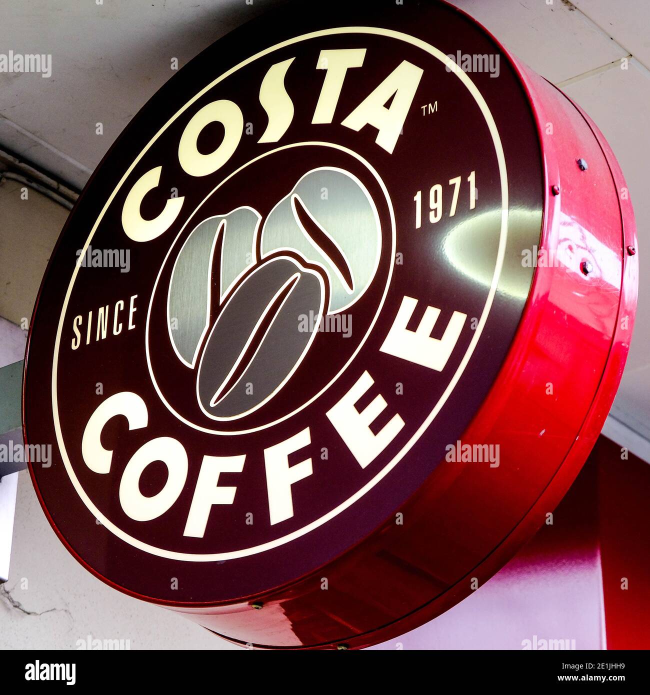 Leatherhead Surrey, London UK January 07 2021, Close Up Of Costa Coffee Shop Corporate Logo With No People Stock Photo