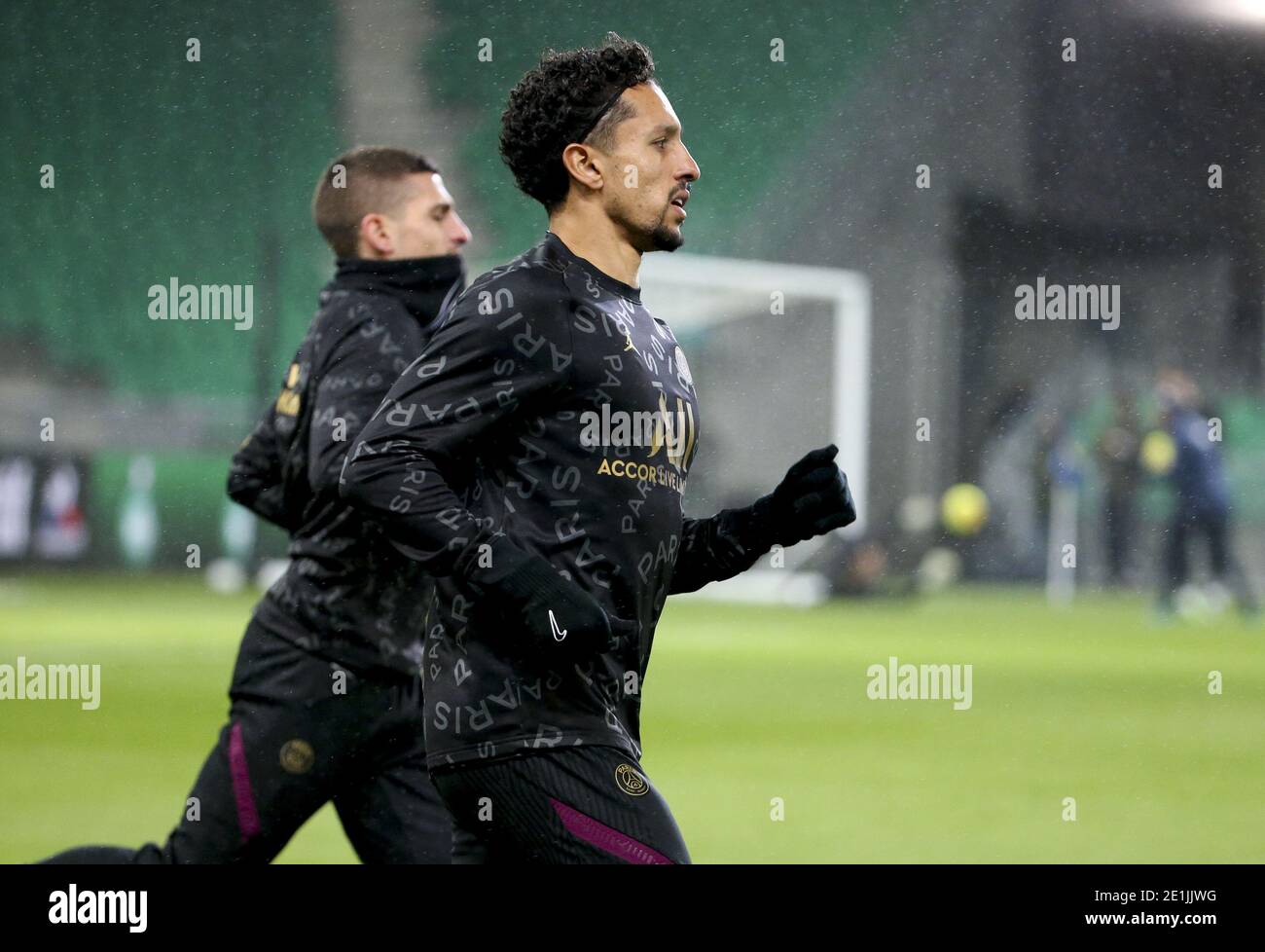 Marquinhos of PSG warms up before the French championship Ligue 1 football  match between AS Saint-Etienne (ASSE) and Paris Saint / LM Stock Photo -  Alamy