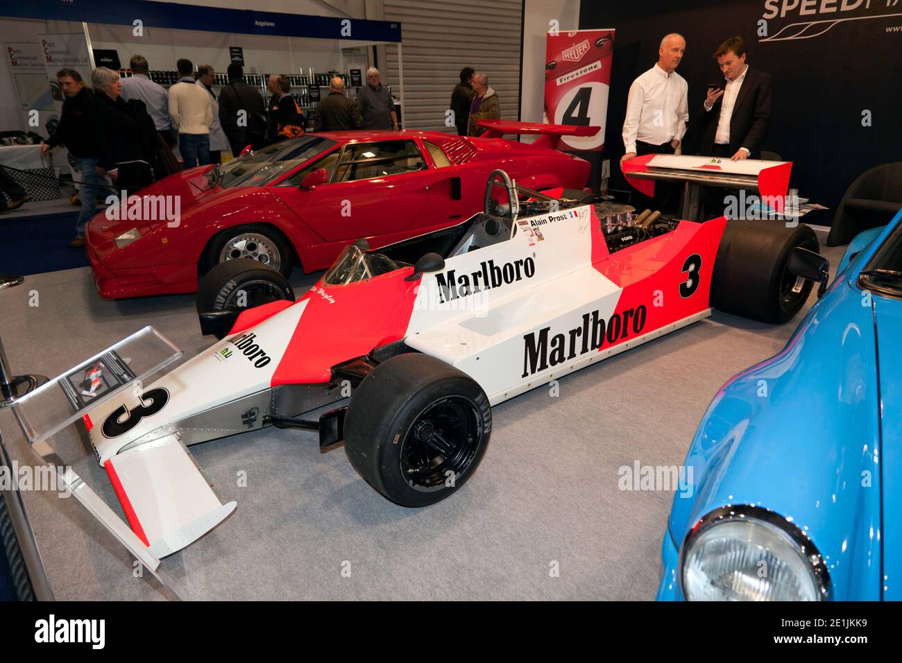 Three-quarter Front View of Alain Prost's 1980, McLaren M29C DVF Formula One Car, on display at the 2015, London Classic Car Show Stock Photo