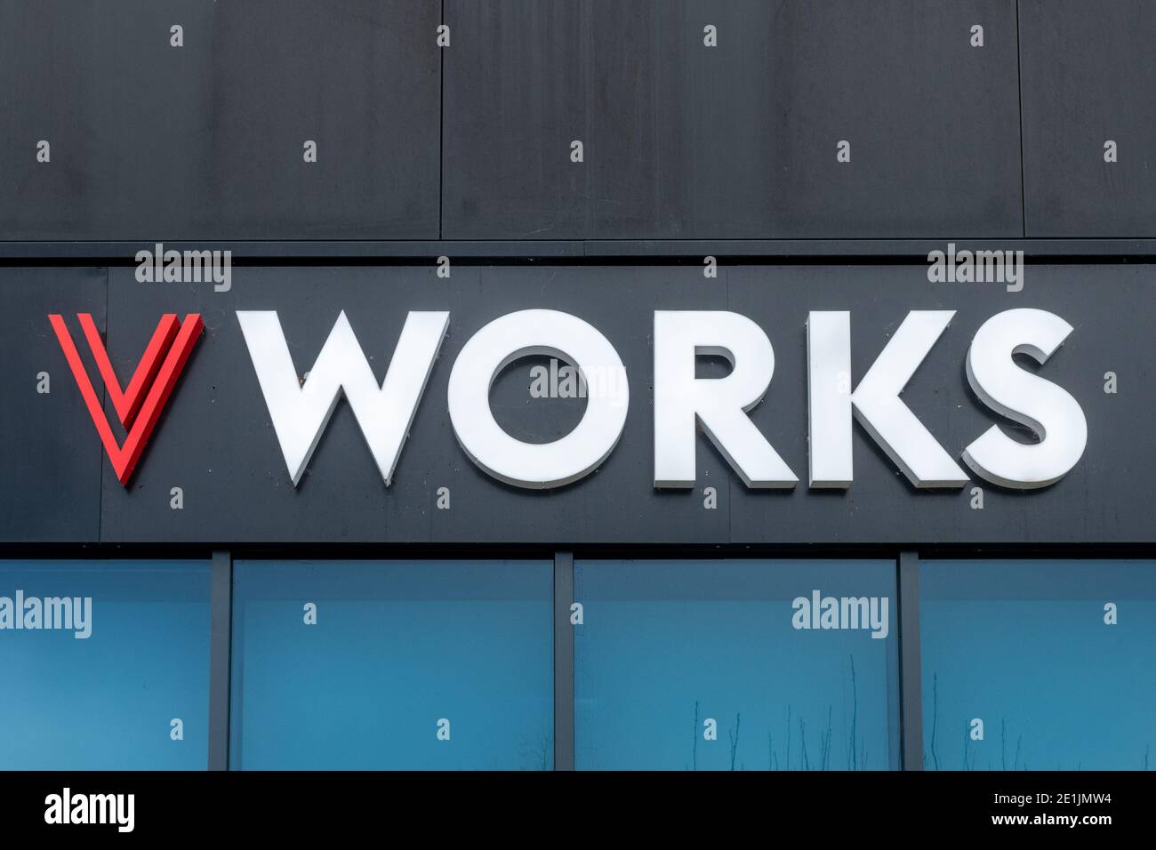 VWorks sign logo, Village Hotels Coworking space, office space, UK Stock Photo