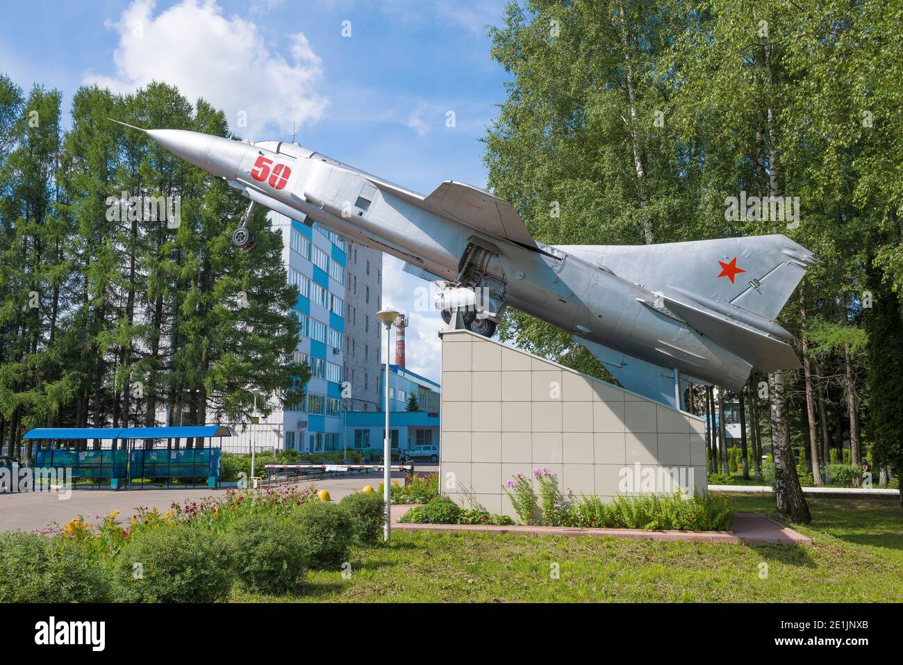 GAVRILOV YAM, RUSSIA - JULY15, 2019: The aircraft-monument MiG-23MLD near the machine-building plant 'Agat' on a sunny June day Gavrilov-Yam, Yaroslav Stock Photo