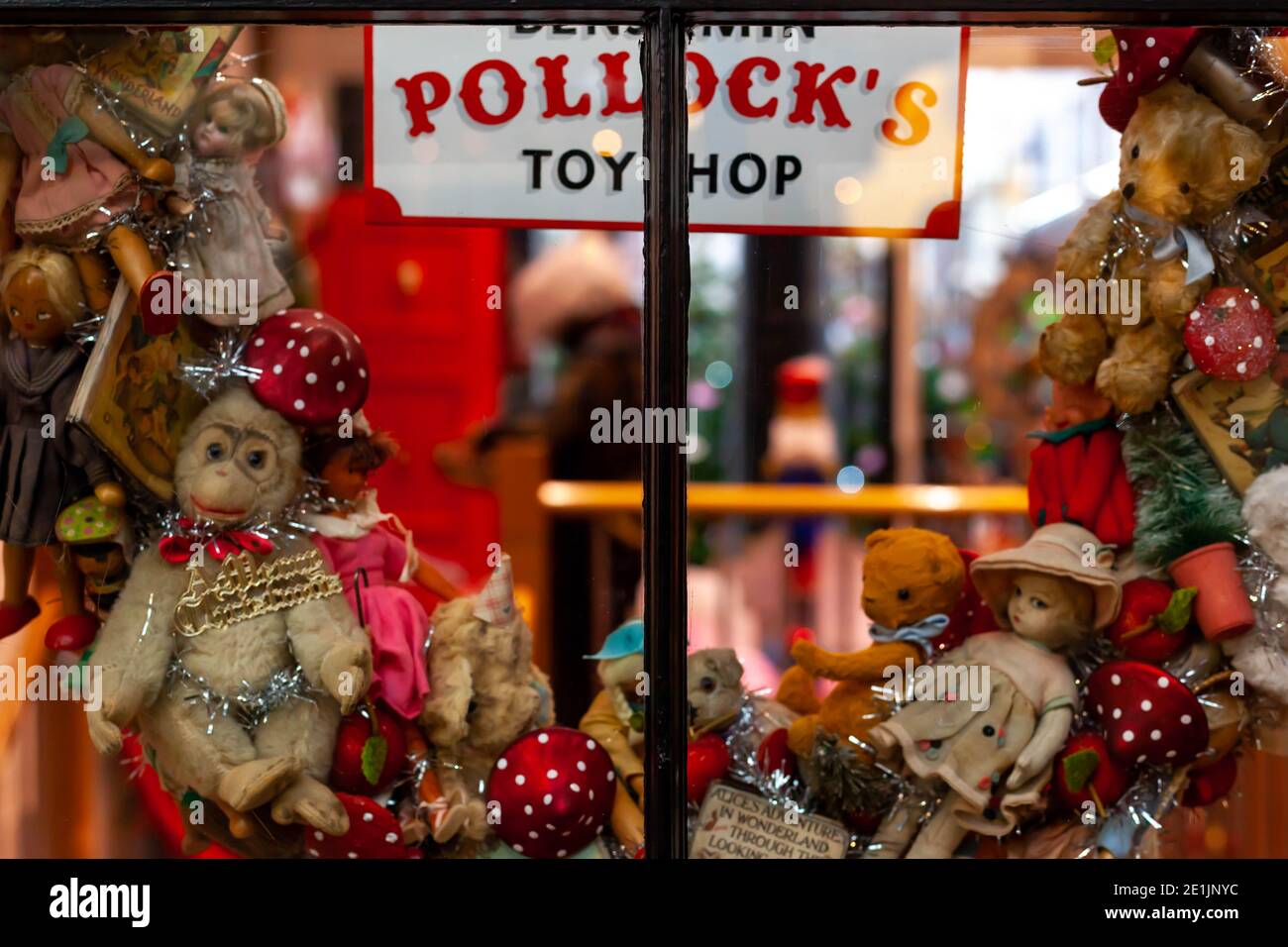 Closeup view of Famous Pollocks Toy Store window & Toys, London