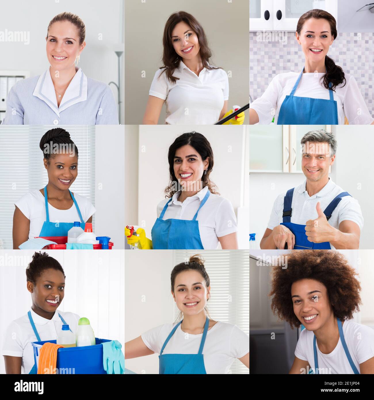 Smiling Janitor Cleaning Team Or Group In Uniform Stock Photo Alamy